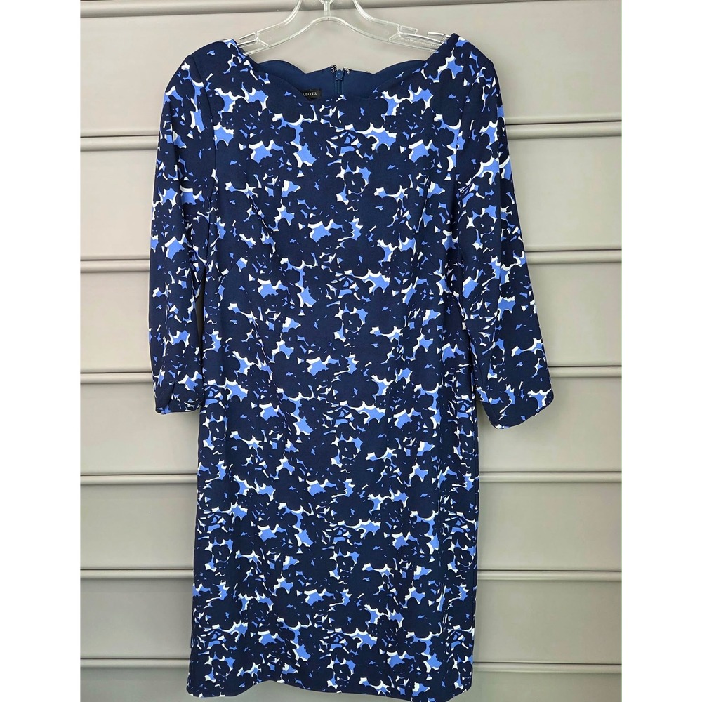 Talbots Blue Floral Scalloped Neck Sheath Dress 3/4 Sleeve Navy White Size 2